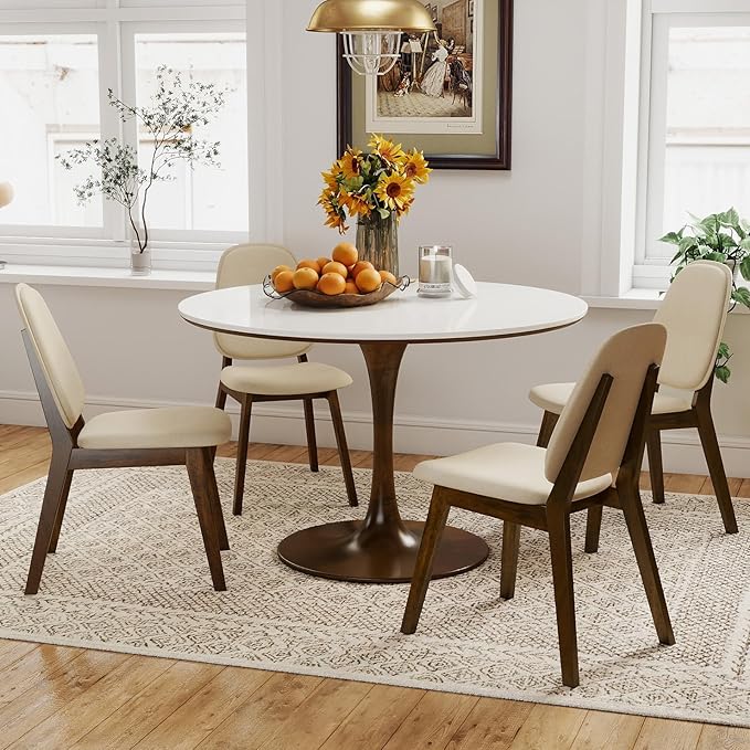 Giantex Wooden Dining Chairs Set of 4, Linen Fabric Upholstered Dining Room Chairs w/Rubber Wood Frame, Padded Seat, Curved Back, Mid-Century Modern Kitchen Side Chair for Home Living Room