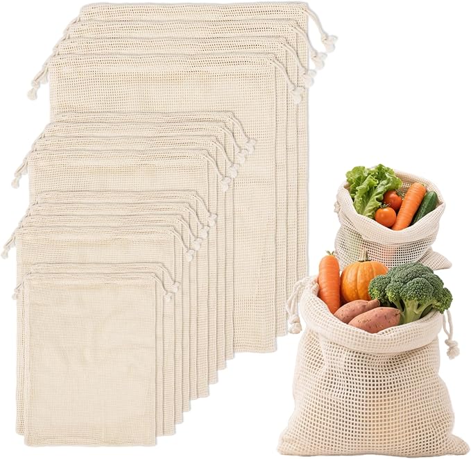 Klmnop 14 Pack Reusable Cotton Mesh Produce Bags, Vegetable Produce Drawstring Bags Washable, Mesh Bags for Grocery Vegetables & Fruits Shopping, Refrigerator Storage 4xS, 4xM, 4xL, 2xXL
