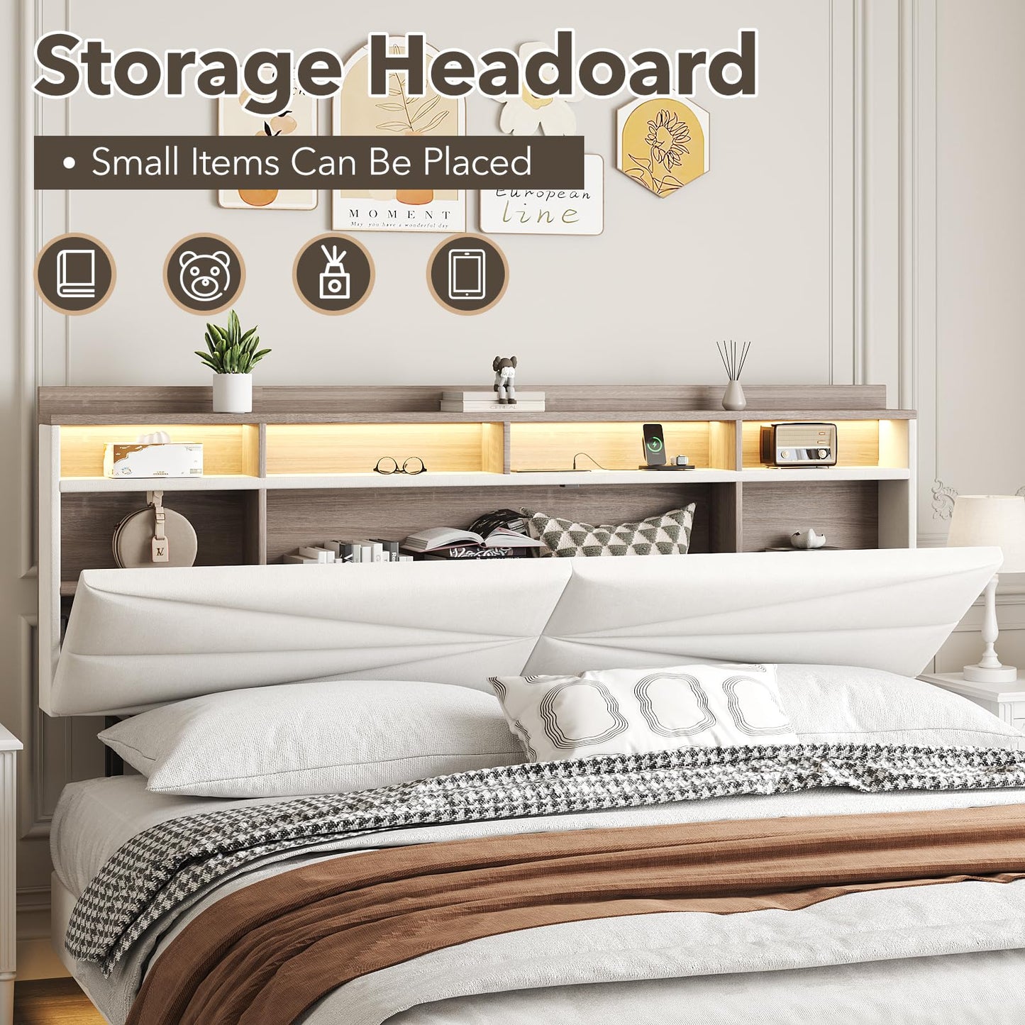 Queen Size Floating Bed Frame with Hidden Storage Headboard, Modern Metal Queen Bed with Charging Station, Upholstered Platform Bed with Shelf and LED Lights, Noise-Free, No Box Spring Needed, White