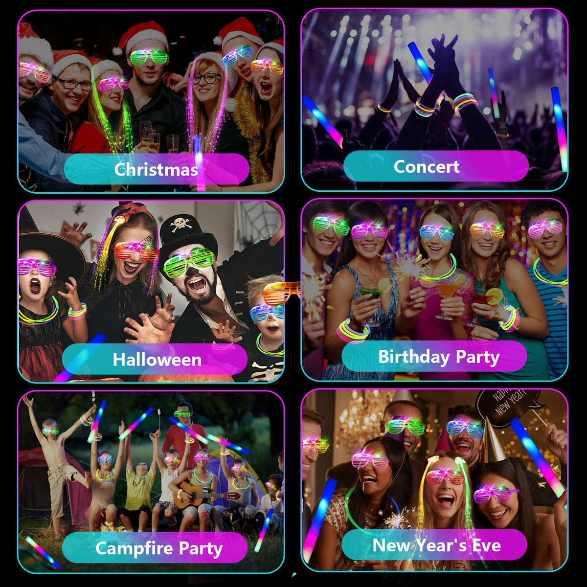 BAIJLE 148 PCS Glow in the Dark Party Supplies, 16PCS Foam Glow Sticks, 16PCS LED Glasses,100PCS Glow Sticks Bracelets and 16Pcs LED Hair Clips Fiber Optic for Glow Party, New Year, Wedding, Concert