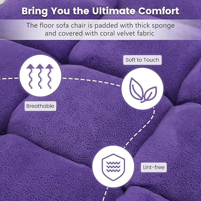 MAT EXPERT 14-Position Floor Chair, Floor Gaming Chair w/Soft Coral Fleece, Alloy Steel Frame, Padded Lazy Couch Recliner, Floor Chair with Back Support for Reading, Meditating, Playing Game (Violet)