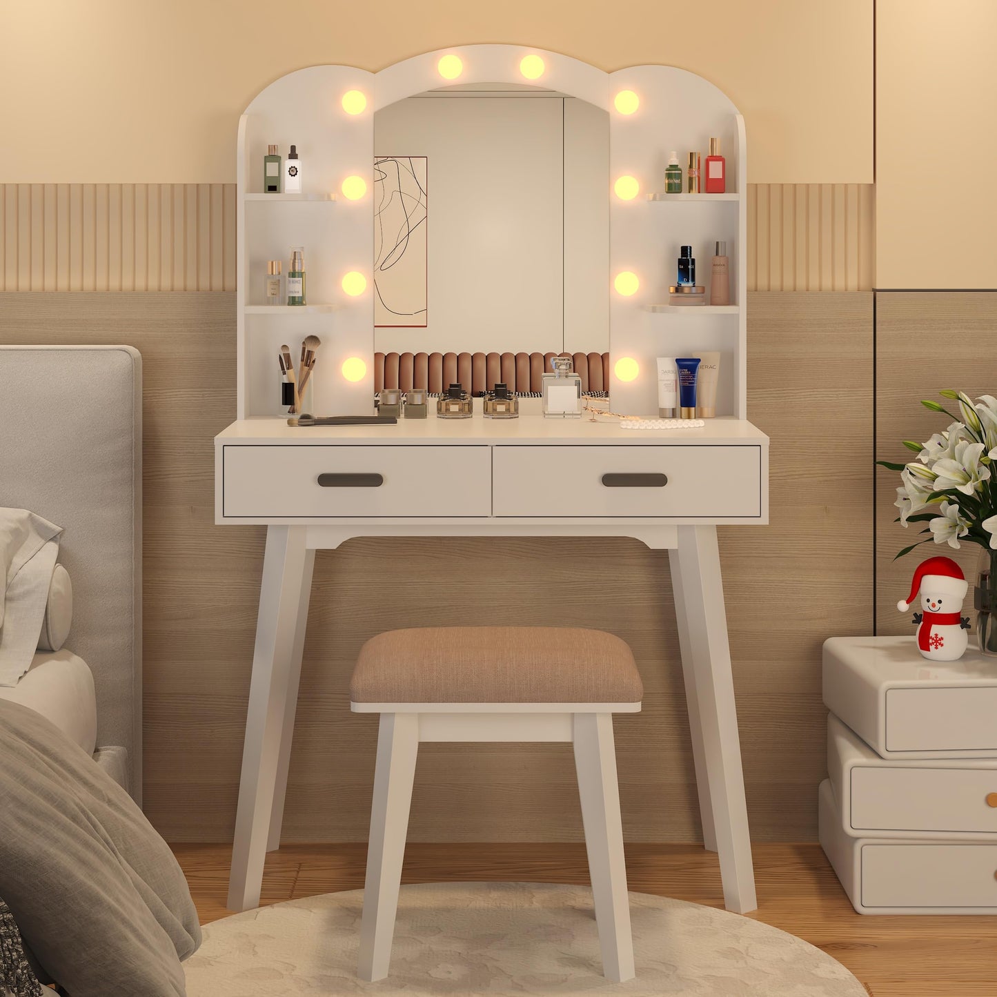 HIULOG Makeup Vanity Desk with Mirror, Vanity Desk with Lights and Mirror, Makeup Vanity with Drawers and Chair White Dressing Table