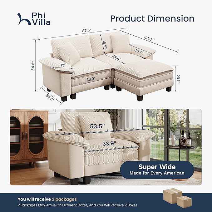 PHI VILLA Cloud Modular Couches Sets, 87.5" Sectional Loveseat Sofa with 1 Movable Ottoman, 3-Seater Comfy Couches for Living Room Apartment, Chenille & Corduroy Dual Fabric, Beige