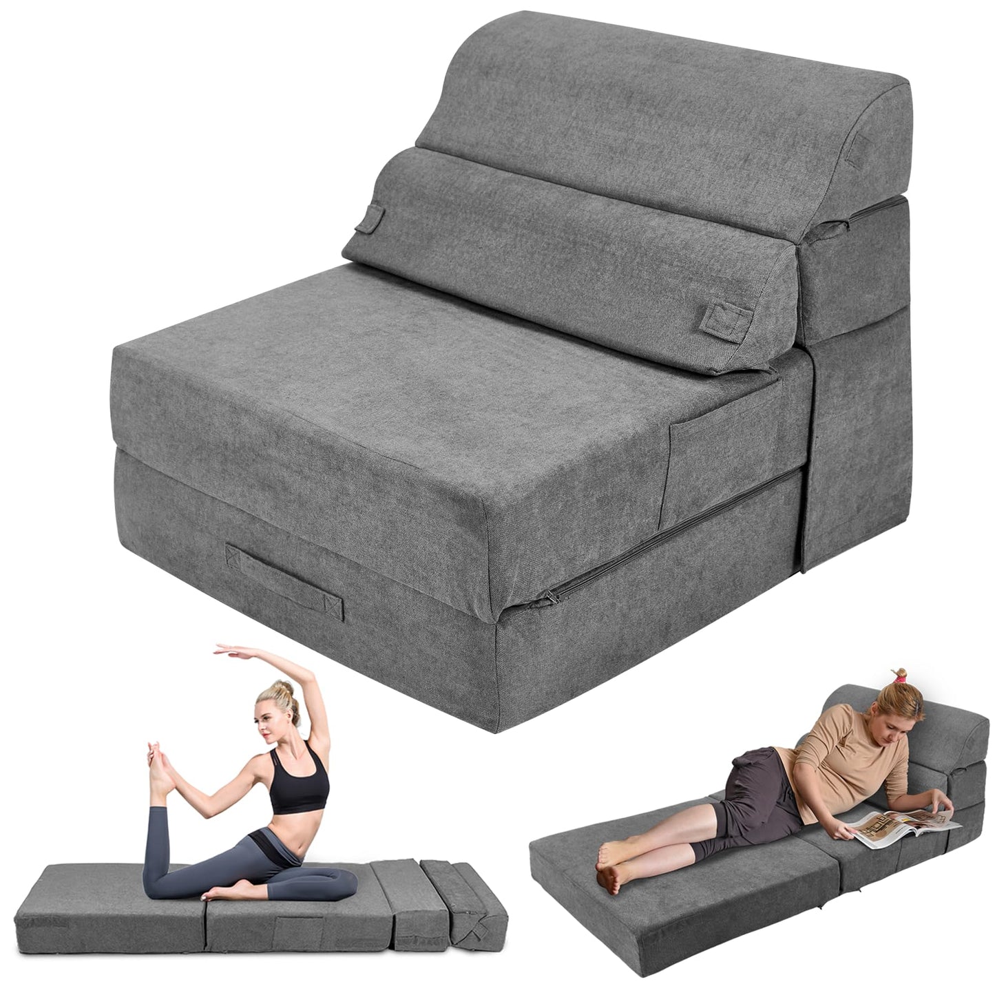 LitaiL Comfy Folding Sofa Bed - Grey Convertible Sleeper Sofa Fold Out Sleeper Chair Couch for Living Room Bedroom Guest, Foldable Floor Chair Lounger Mattress with Back Support for Travel, Camping