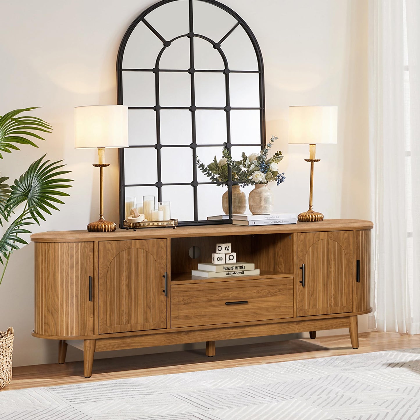 63" Fluted TV Stand for Tvs up to 70", Mid-Century Modern Entertainment Center with Drawers and Fluted Doors, Curved TV Media Console Table with Sliding Doors for Living Room, Bedroom (63")