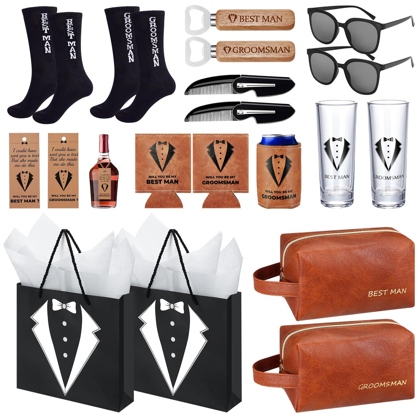 20Pcs Groomsmen Gifts Groomsmen Proposal Box with Shot Glasses Socks Sunglasses PU Leather Toiletry Bag Bottle Opener Can Cooler Groomsman Gifts for Wedding Groomsmen Best Man Gift (20, Brown)