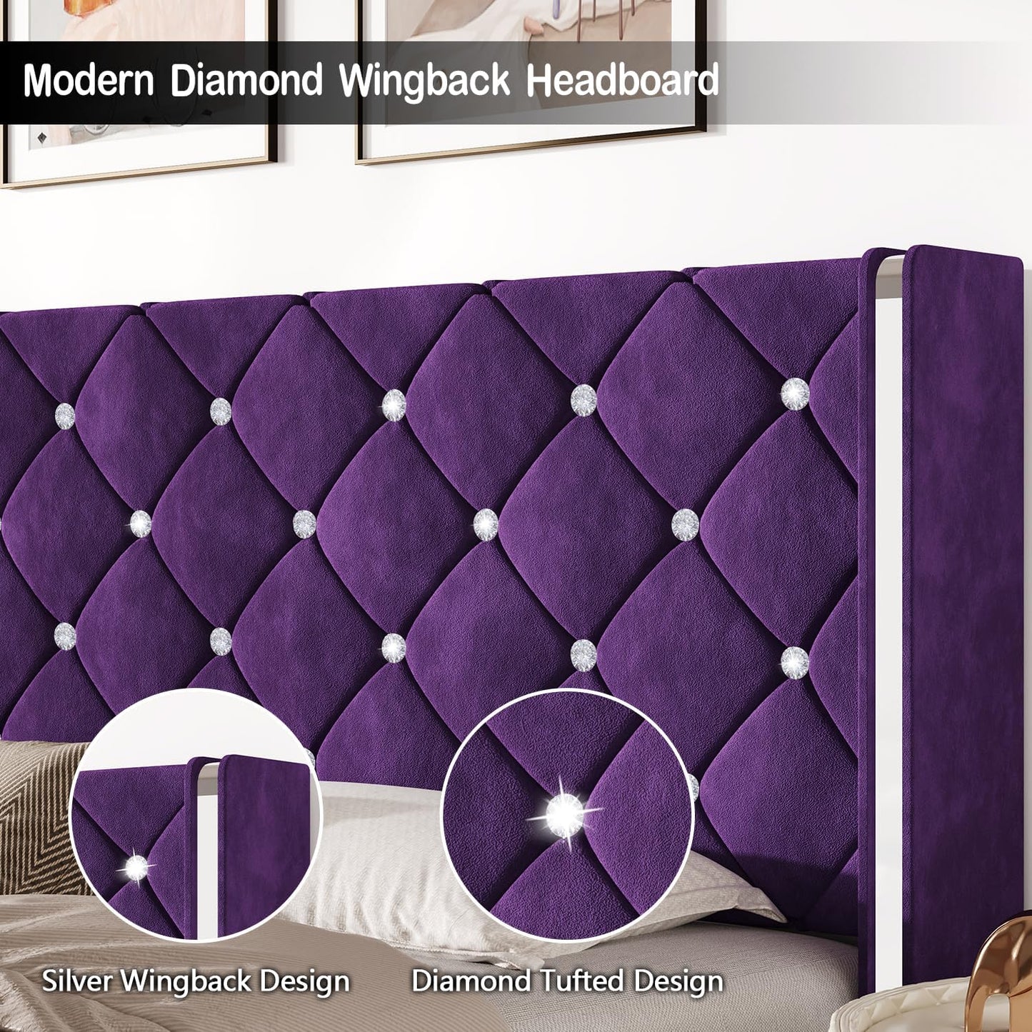 HOMBCK Twin Bed Frames, Upholstered Platform Bed with Diamond Tufted Headboard, Modern Velvet Bed Frame with Wingback Design, No Box Spring Needed, Easy Assembly, Purple