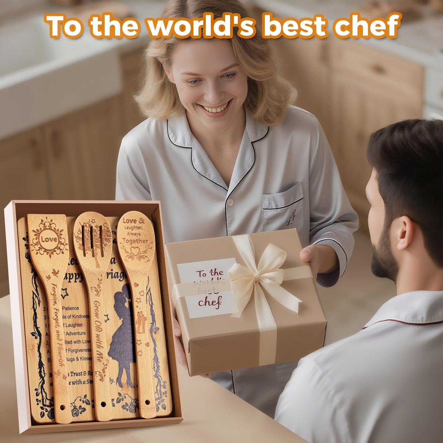 Wedding Gifts for Couples 2025: Personalized Bridal Shower Gift for Bride - “Recipe for a Happy Marriage”Heartfelt Bamboo Cutting Board + 3-Piece Engraved Utensils | Mr & Mrs Newlyweds