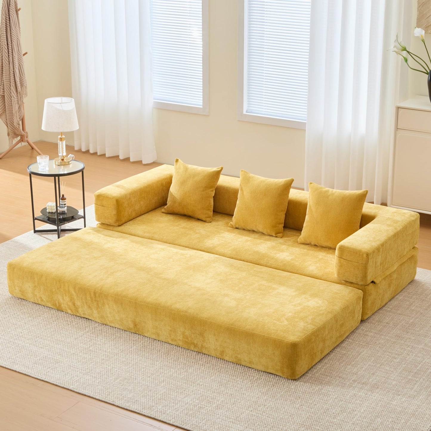 ZEIINPA Convertible Floor Sofa Bed with Storage Pocket, Chenille Folding Mattress Sofa with Zipper Closure, Floor Lounge Couch for Living Room, Bedroom, Studio -Yellow