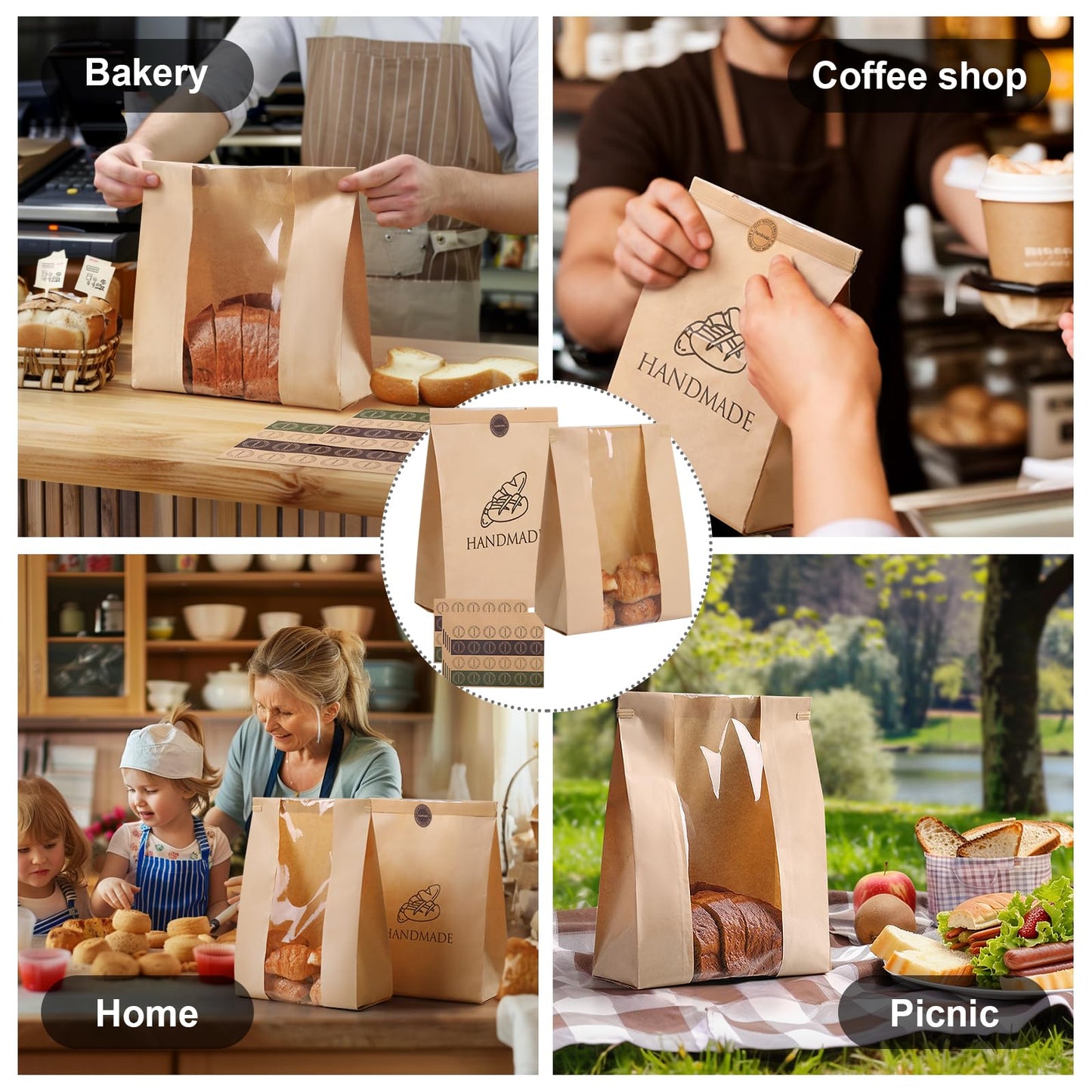 45 Pack Paper Bread Bags for Homemade Baking - Tin Tie Tab Lock Sourdough Bag, Large Loaf Packaging With Clear Window for Storage - 48 Label Seal Stickers for Bakery Use