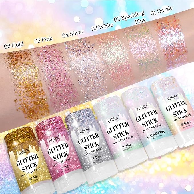 DAGEDA White Body Glitter Stick,Sparkly Face Glitter Makeup,Holographic Hair Glitters Mermaid Makeup Rave Outfits for Women, Shimmer Face Paint Stick Singer Concert Accessories