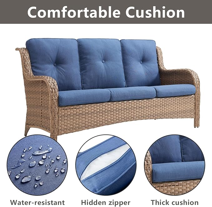 Rilyson Patio Furniture Swivel Chairs Set - 5 Piece Wicker Rattan Outdoor Sectional Conversation Sets with 2 Rocking Swivel Chairs,2 Ottomans and 1 Sofa for Porch Deck Garden(Yellow/Blue)