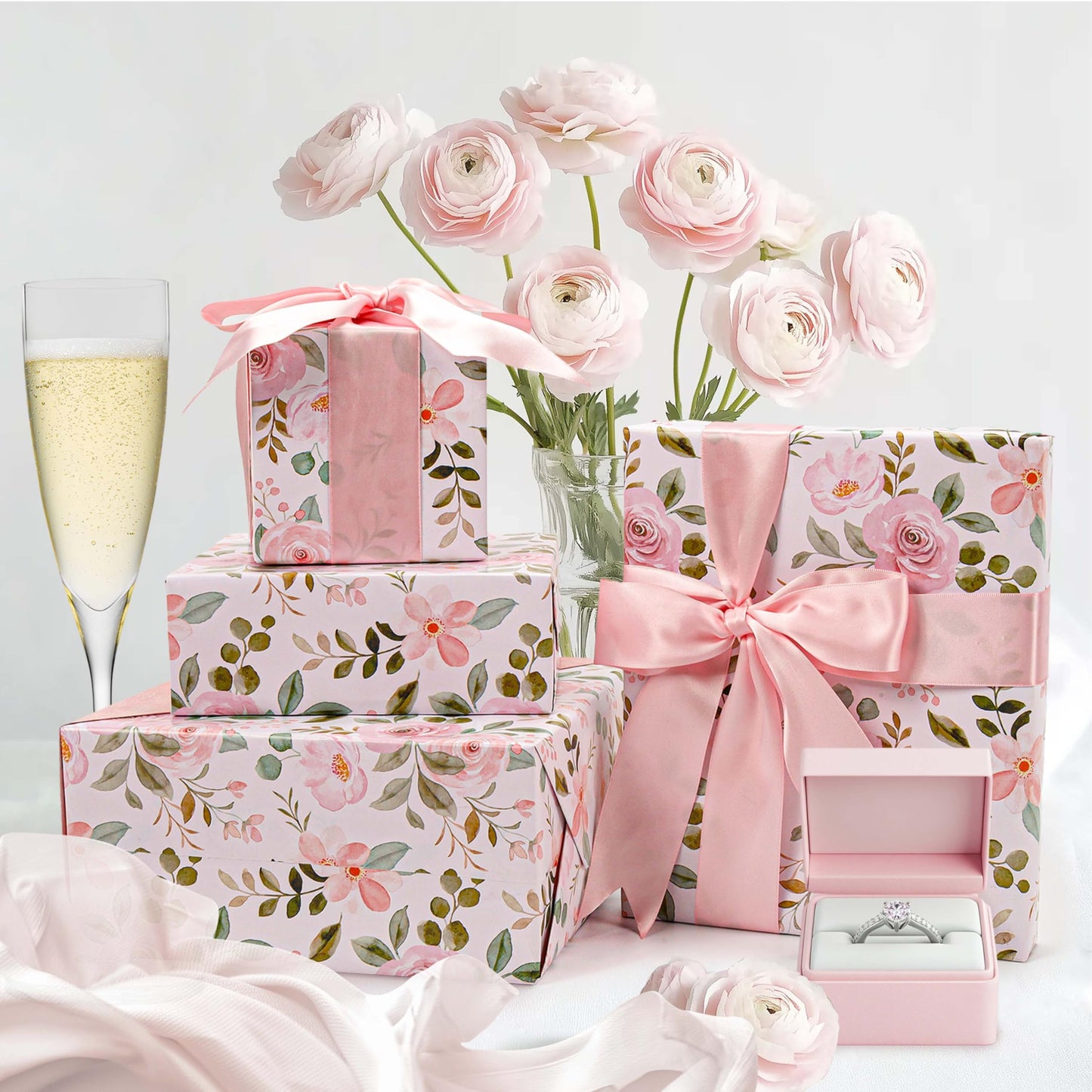 BIOBROWN Reversible Floral Wrapping Paper Roll - 30 Inches X 33 Feet (82.5 sq. ft. ttl.) Pink Watercolor Roses Design Flower Gift Wrap for Wedding, Bridal Shower, Mother's Day