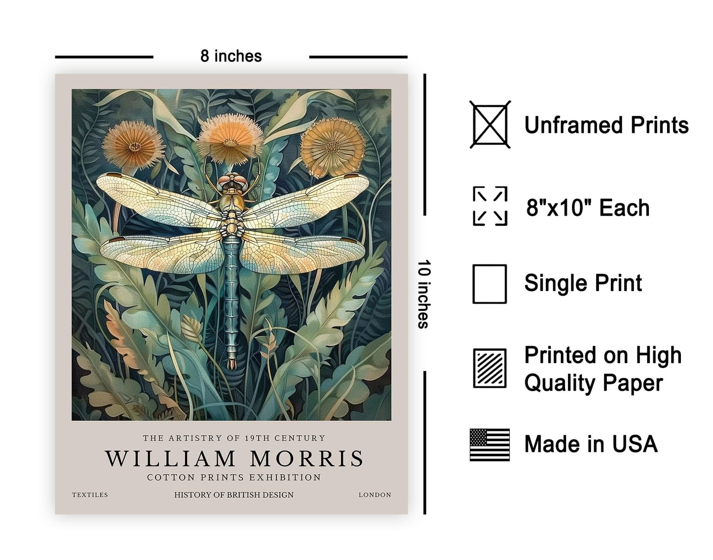 Monem Art Dragonfly Print - William Morris Poster - Botanical Art - Floral Exhibition Wall Design - Flower & Animal Art - Aesthetic Office or Bedroom Wall Decor - 8x10 UNFRAMED Wall Art