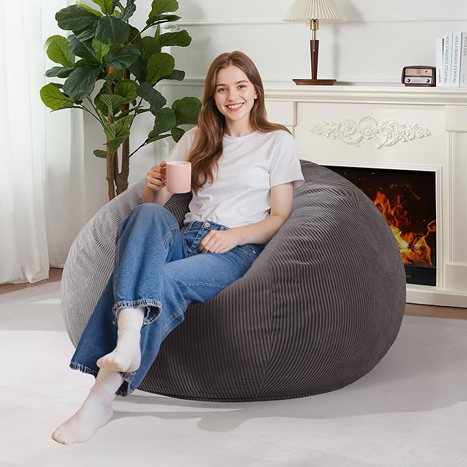 Homguava 3FT Bean Bag Chair: Teardrop Bean Bags with Memory Foam Filled, Compact Beanbag Chairs Soft Sofa with Corduroy Cover (Grey)