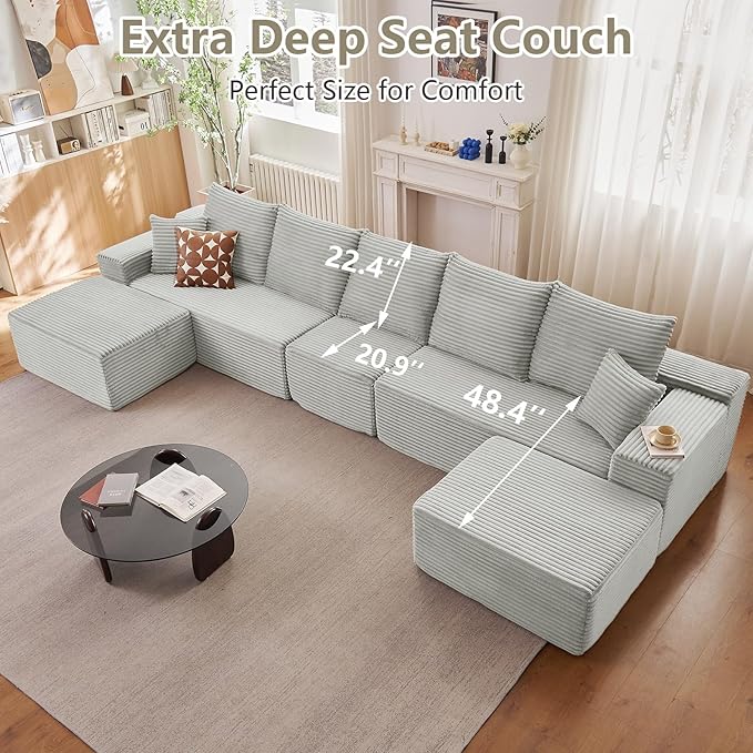 167.7" Sectional Cloud Couch for Living Room, Modular Floor Deep-Seat Sofa, Big Comfy Corduroy Couches Set with Fluffy Memory Foam, Stupendous U Shaped Sofas, No Assembly Required, Grey