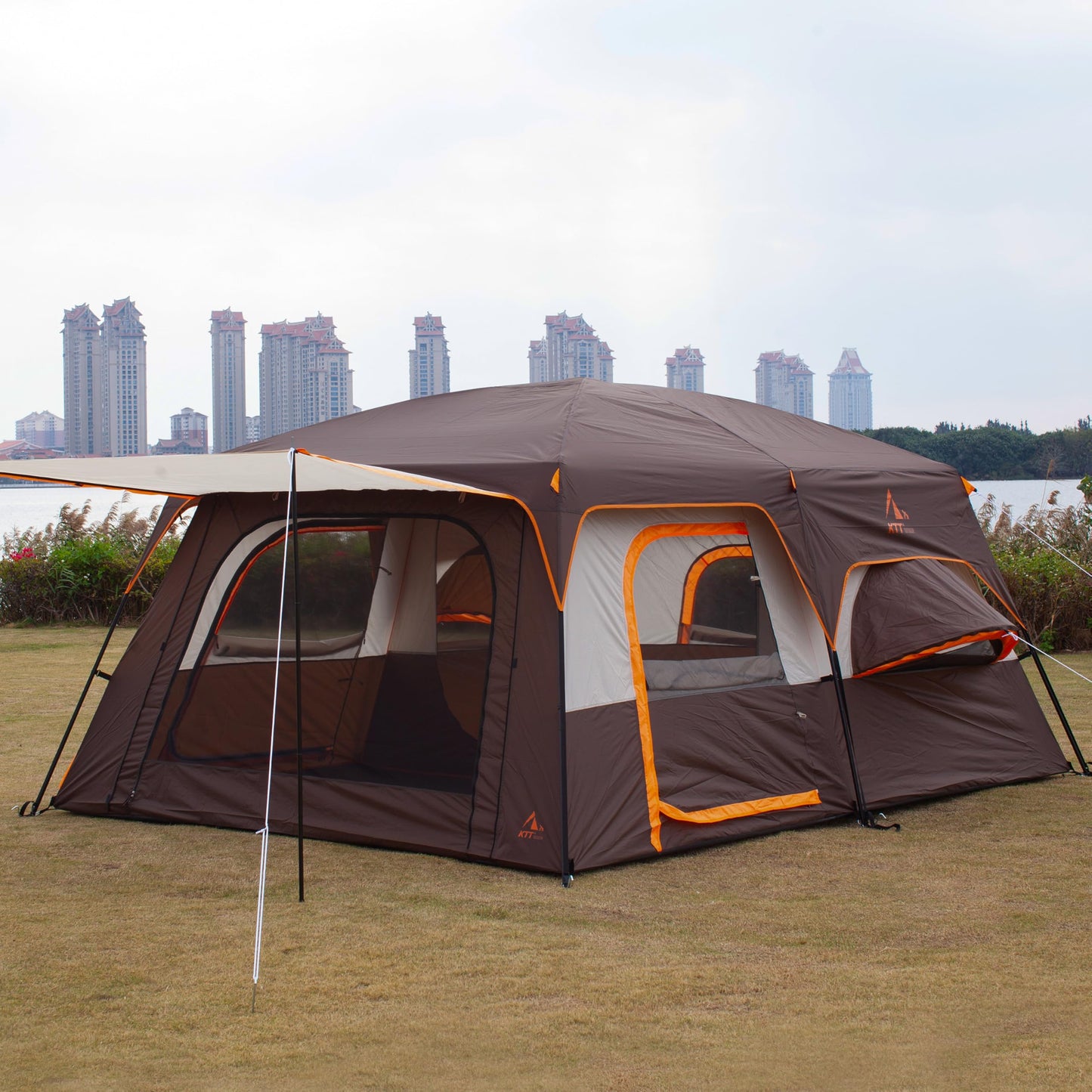 KTT Extra Large Tent 12 Person,2 Bay-Windows,Family Cabin Tents,14'Lx10'Wx6.58'H,2 Rooms and 3 Doors 3 Windows with Mesh,Waterproof,Straight Wall,Big Tent for Outdoor,Picnic,Camping,Gathering(Brown)