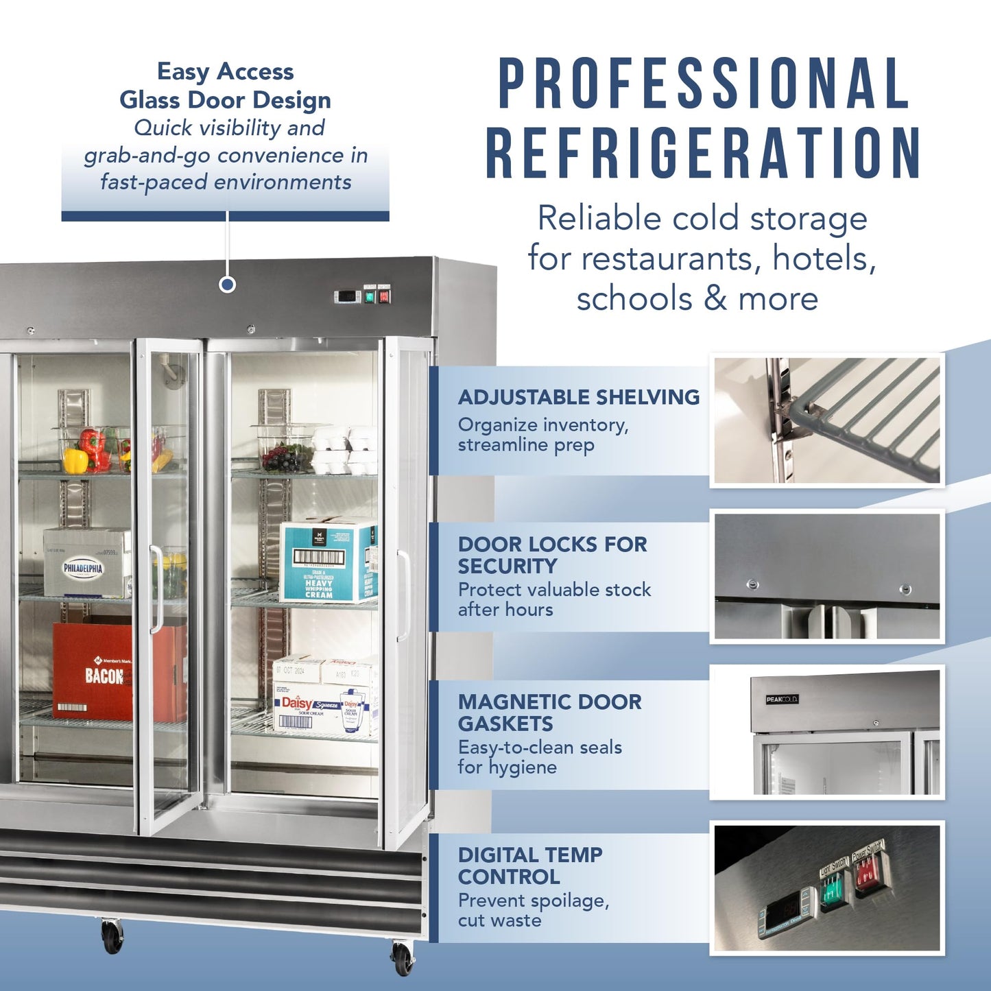 PEAKCOLD 3 Glass Door Commercial Refrigerator - 72 Cubic Ft, 81" Wide Stainless Steel Reach-In Commercial Refrigerator with White Internal Lighting - Freestanding Industrial Fridge