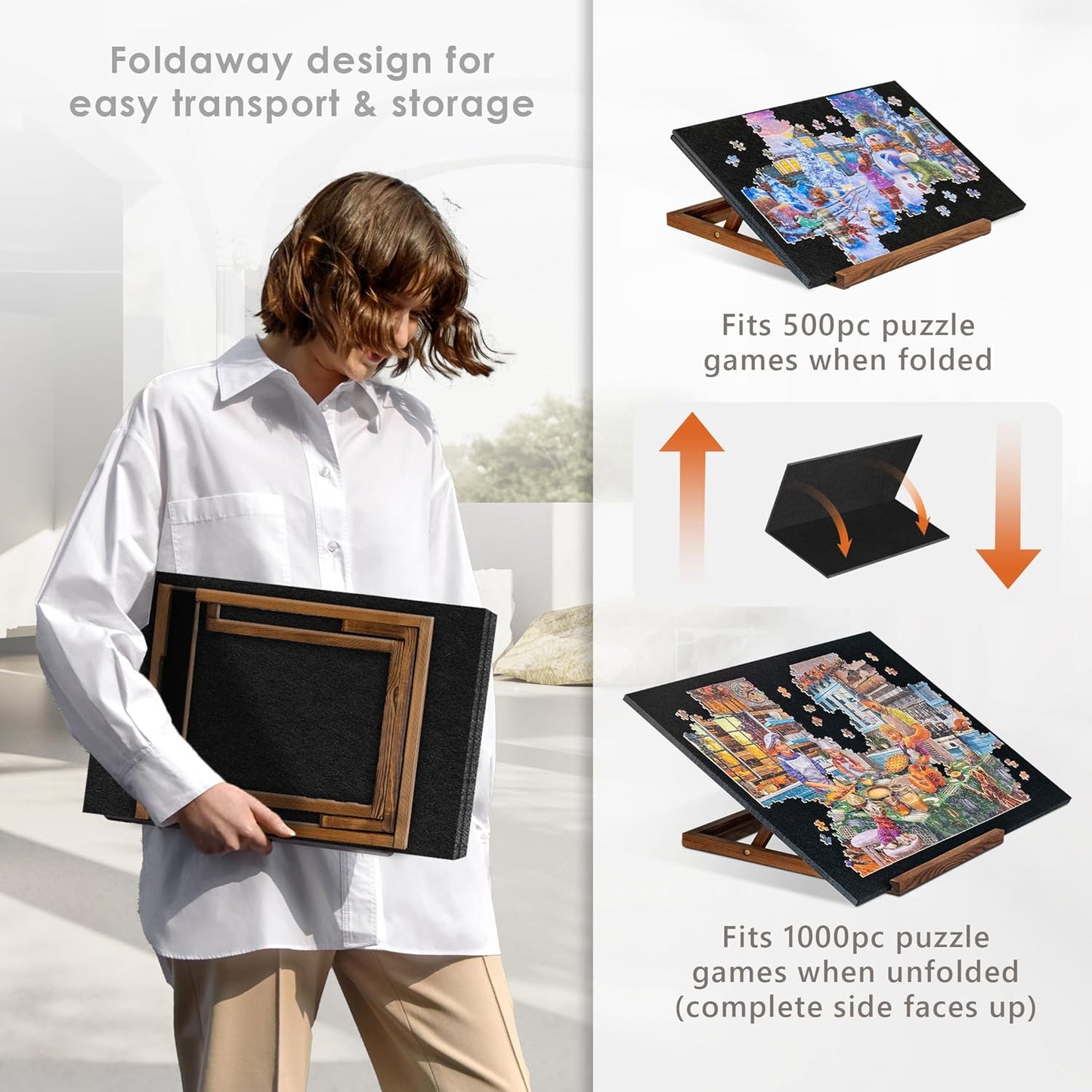 Tektalk Foldable Jigsaw Puzzle Board with 3 Angle Adjustable Bracket/Stand, Lightweight Portable Puzzle Mat Plateau with Wooden Easel, Foldaway Felt Puzzle Table, for Up to 1000 Pieces - Black