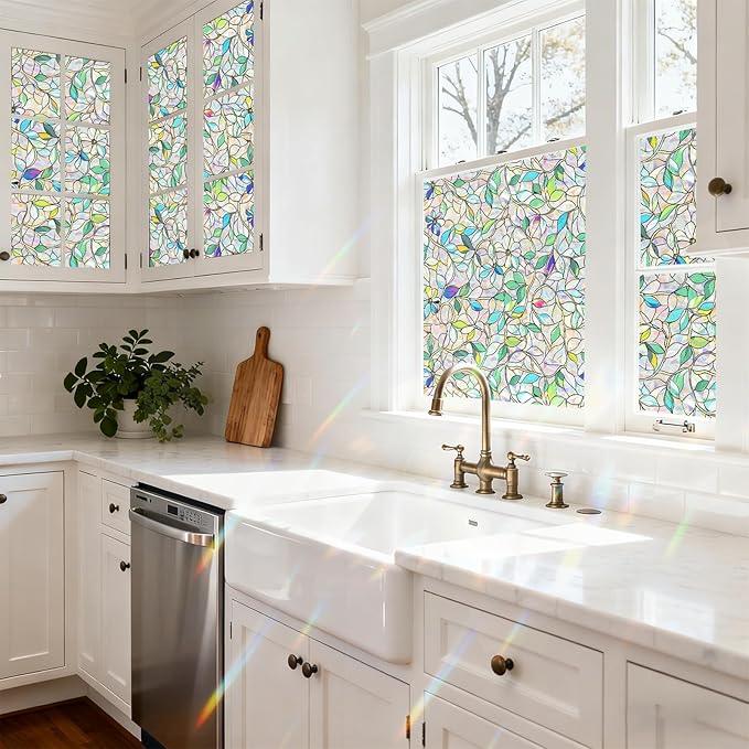 Window Privacy Film Home Room Bathroom Spring Decor Car Decorations One Way Privacy Window Clings Decals Tint Door Cover Rainbow Renter Friendly Stickers Static Cling Stained Glass Windows