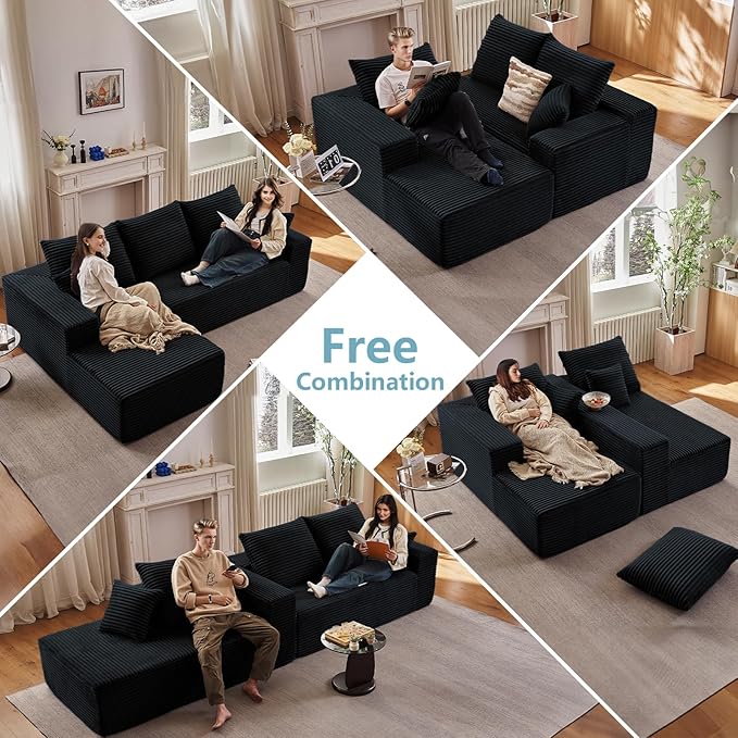 107" W Cloud Sectional Couch with L-Shape Chaise, Modern Corduroy Boneless Couch for Living Room,Memory Foam Sofa with Deep Seat,No Assembly Required (Black,Left-Facing Chaise)