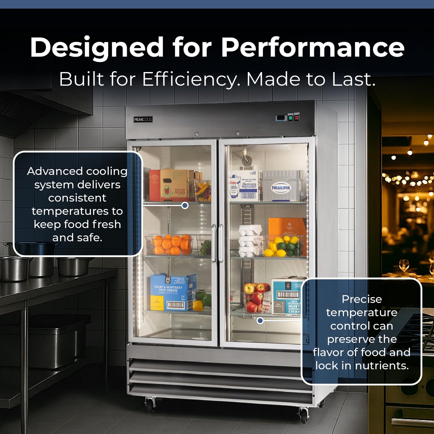 PEAKCOLD Double Glass Door Commercial Refrigerator - 47 Cubic Ft, 54" Wide Stainless Steel Reach-In Commercial Refrigerator with White Internal Lighting - Freestanding Industrial Fridge