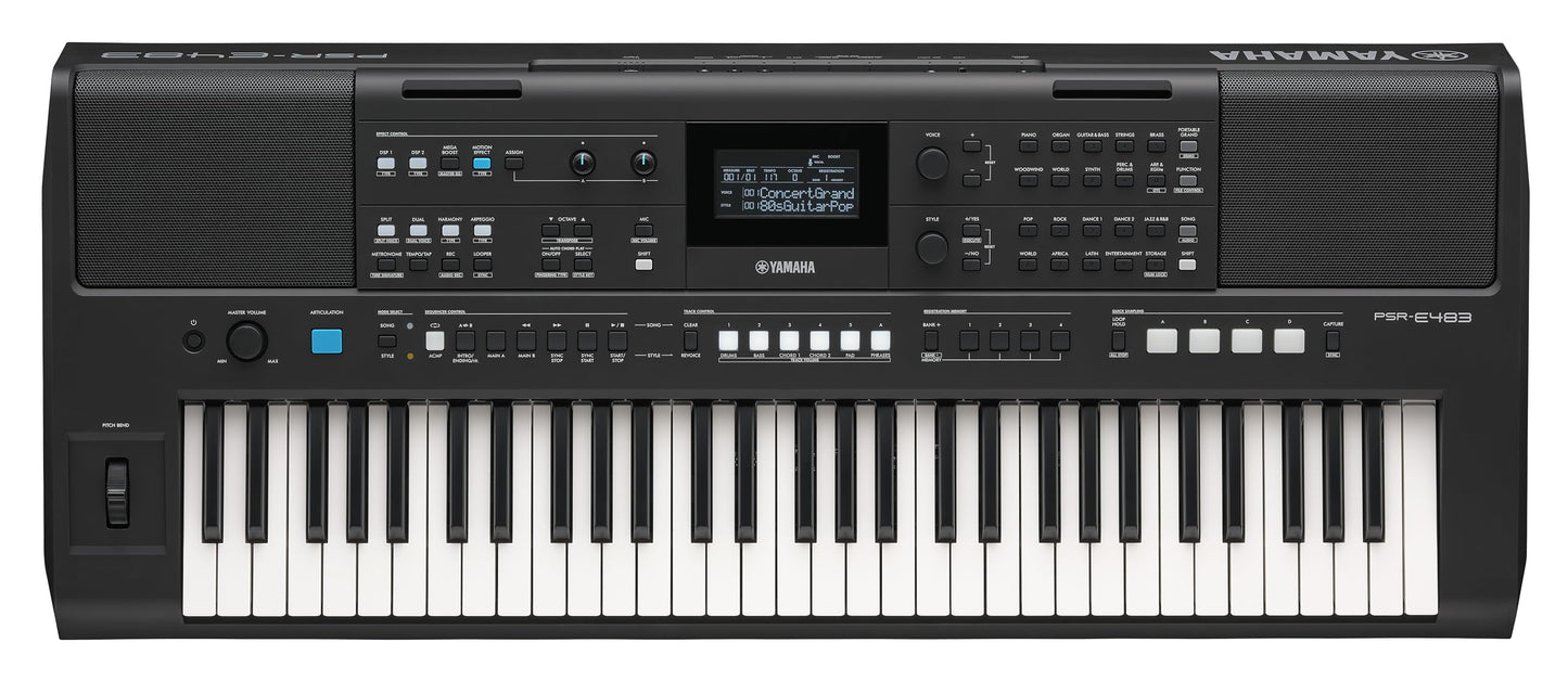 Yamaha PSR-E483, 61-Key Touch-Sensitive Portable Keyboard with Sound, Music Rest and Power Adapter