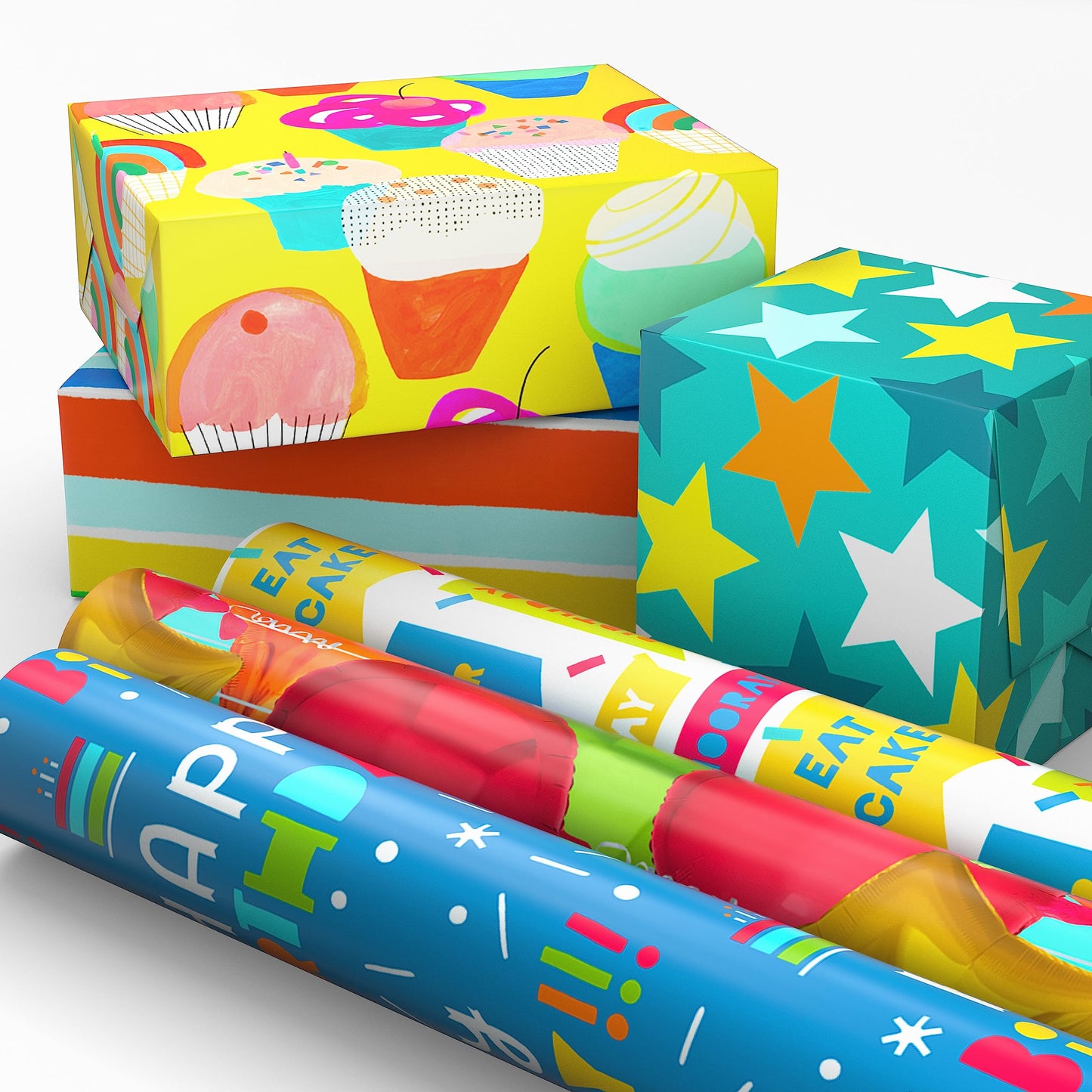 Hallmark Birthday Wrapping Paper Rolls - Stars, Stripes, Balloons, Cupcakes, "Happy Birthday" Gift Wrap Paper (Set of 6 Rolls: 180 sq. ft. ttl.)