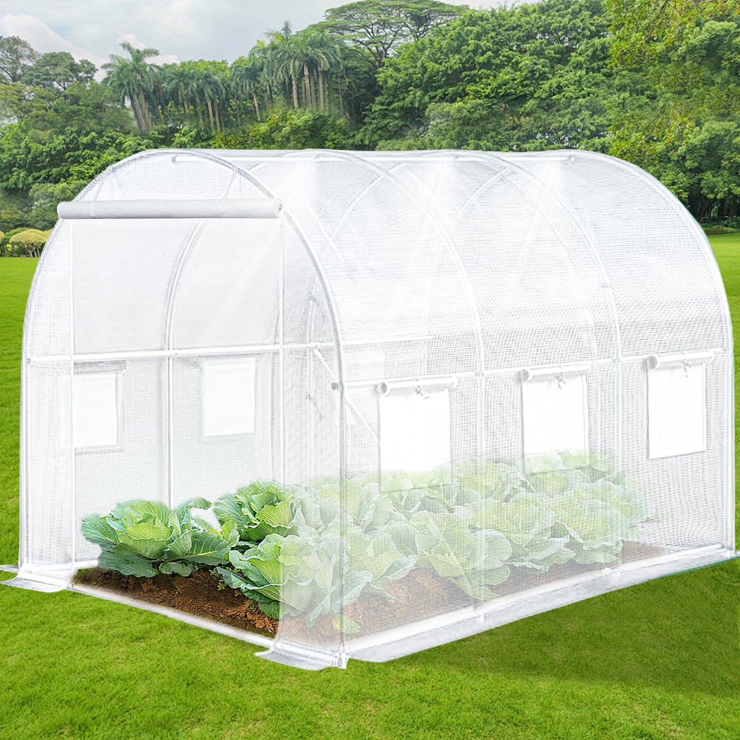 KANAGAWA 10'x7'x 7' Walk-in Tunnel Greenhouse with Watering System Heavy Duty Portable Green House Protect Gardening Plants 1 Zipper Mesh Door, 6 Roll-up Windows, Thickened galvanised Steel,White
