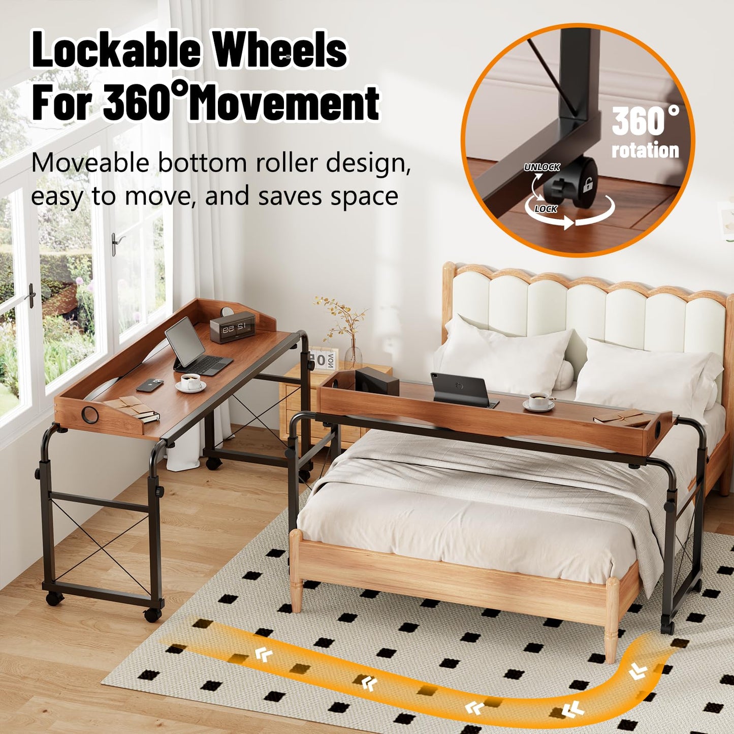 BYMECOST Laptop Desk for Bed, Adjustable Height & Length Laptop Bed Table,Overbed Table with Wheels for King & Queen Size Beds,Rolling Standing Desk,Over Bed Table for Working Reading Eating