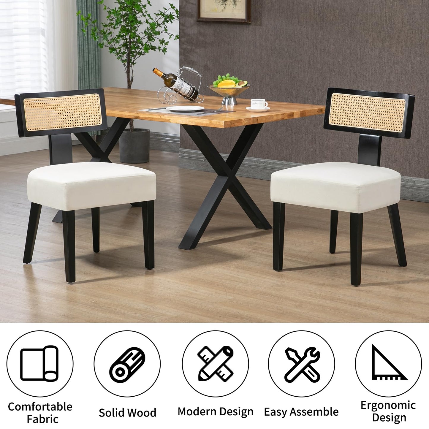ZJhome Rattan Dining Chairs Set of 4, Mid-Century Modern Fabric Upholstered Dining Room Chairs with Black Hardwood Frame, Curved Backrest Kitchen Chair Armless Accent Chairs for Dining Room (Cream)