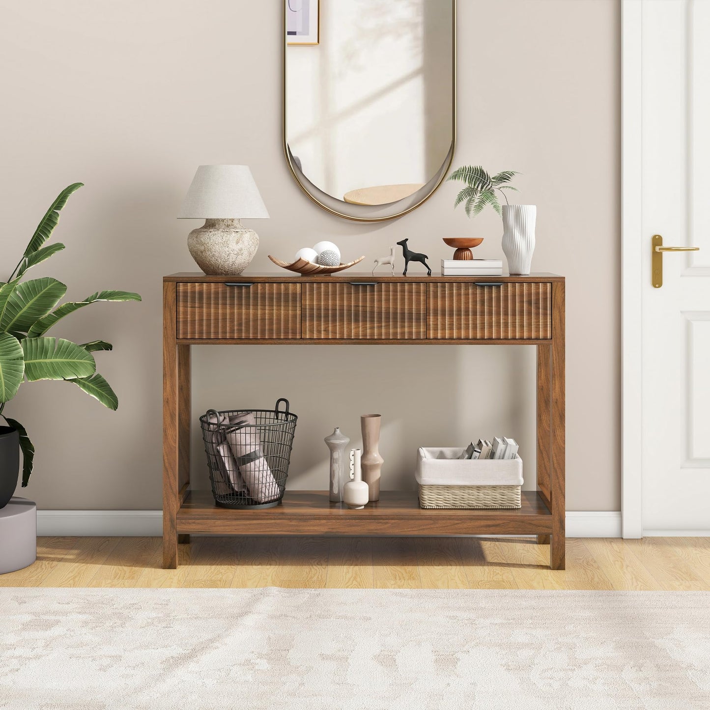 Nasonet Fluted Console Table, Wooden Sofa Table with Storage and Drawers, Farmhouse Behind Couch Table Entryway Table for Entrance, Hallway, Living Room, Brown