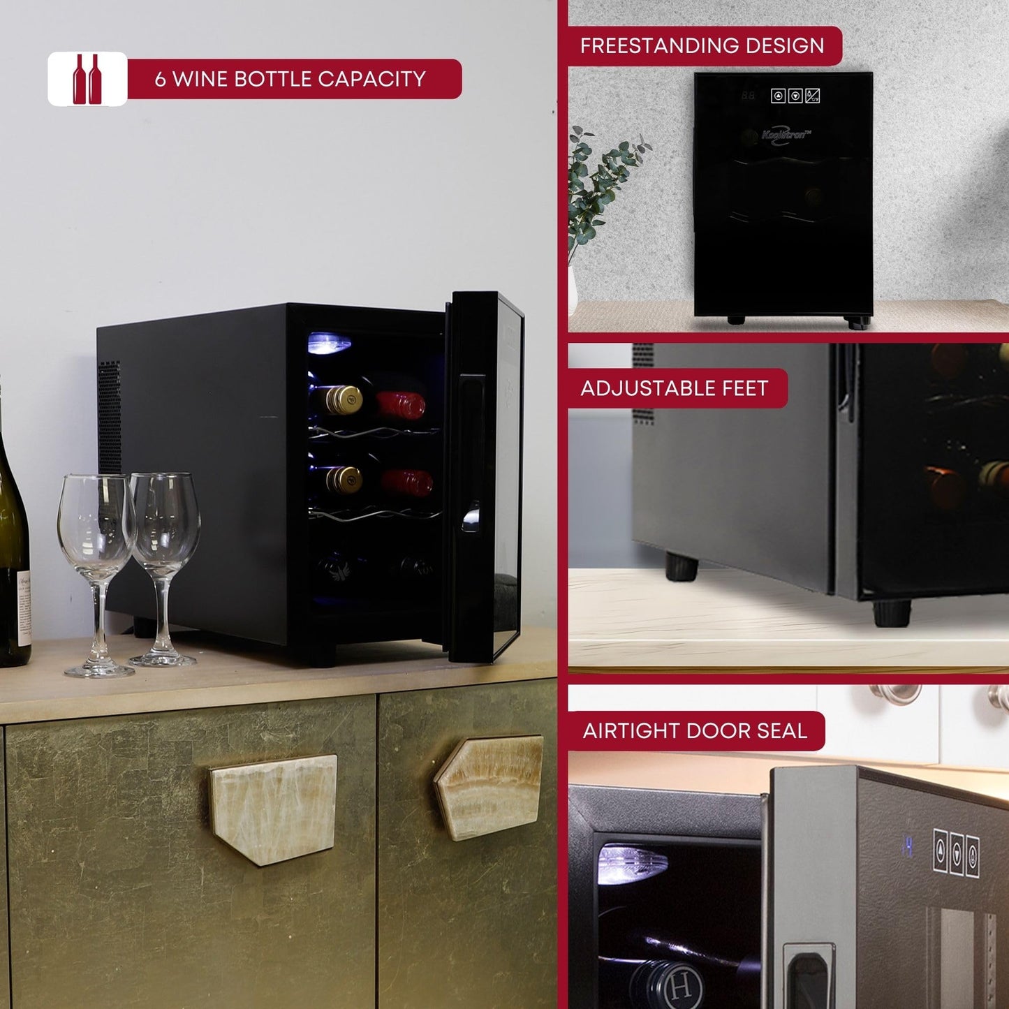 Koolatron Wine Fridge - Wine Cooler, 6 Bottle Wine Cabinet for Champagne, Red & White Wine, Freestanding Cellar For Bar, Home, Small Kitchen, Double Paned Glass Door