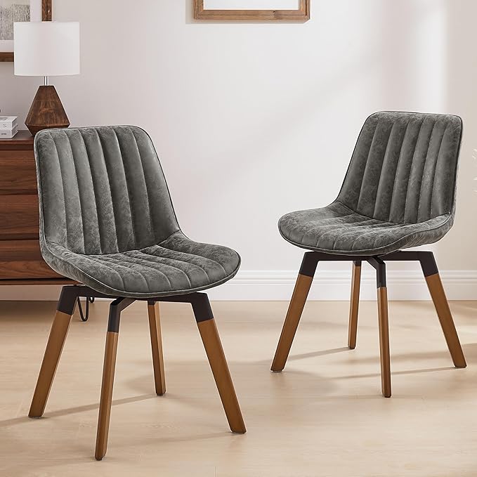 Art Leon Swivel Dining Chairs Set of 2, Mid Century Modern Kitchen Dining Room Chairs, Upholstered Faux Leather Armless Side Chair with Wood Legs for Living Room Bedroom, Yellow Brown
