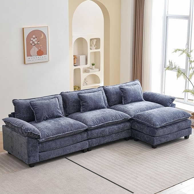 Oprisen 120" Modular Sectional Sofa, Comfy Cloud Couch Sectional Sofa with Ottoman, Chenille Sofa Sleeper Deep Seat Sofa with Throw Pillows for Living Room (Blue, 120"- L Shape)