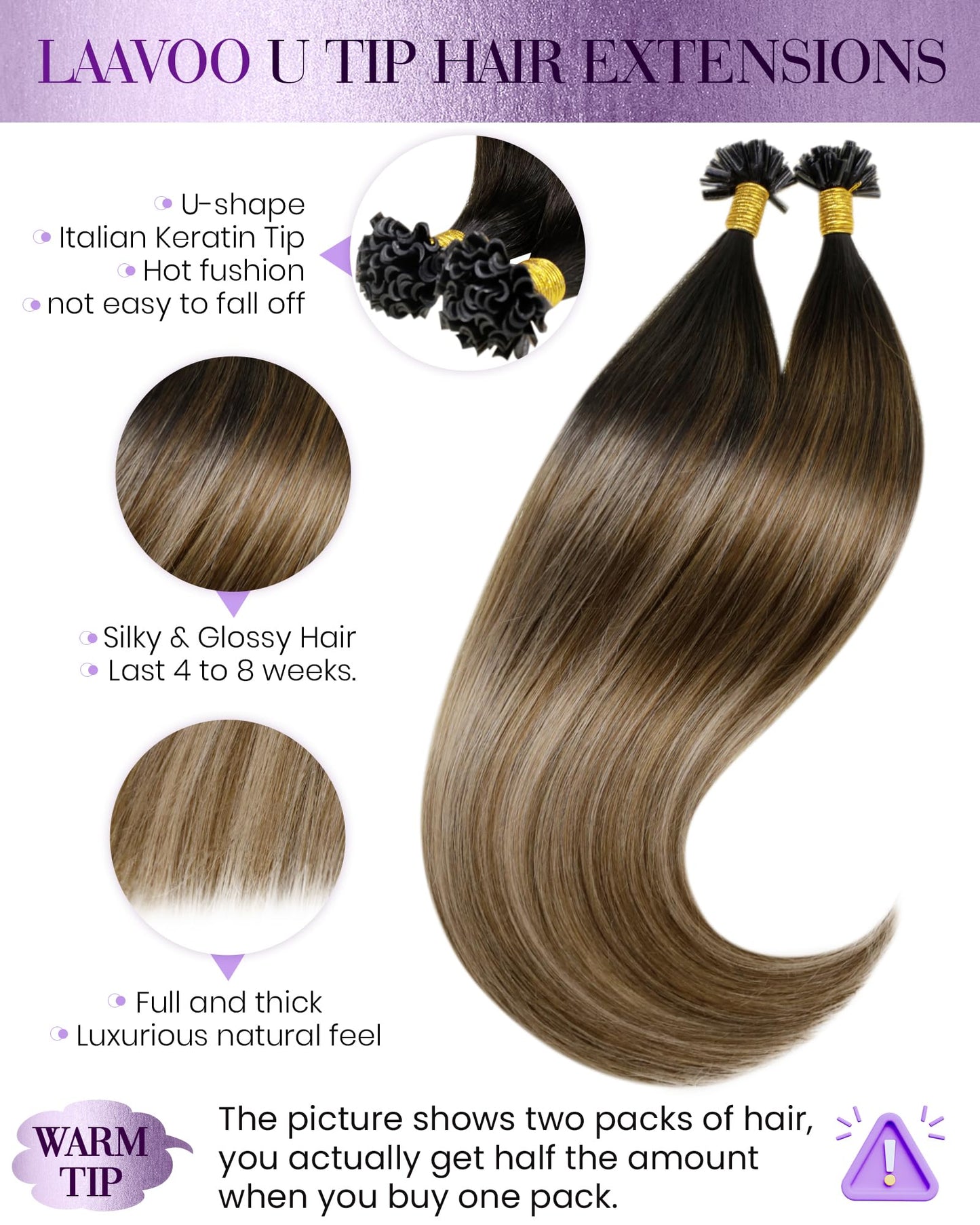 LaaVoo U Tip Hair Extensions Human Hair Ombre Dark Brown to Chestnut Brown with Ash Brown K Tips Hair Extensions Human Hair 1g/1