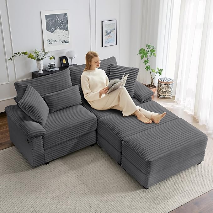 SUNWAVE 74" W Double Chaise Lounge Chair Indoor, Oversized Loveseat with Storage Ottoman, Corduroy Couch with USB Charging, Removable Ottoman, and Coffee Table Cushions for Living Room Bedroom