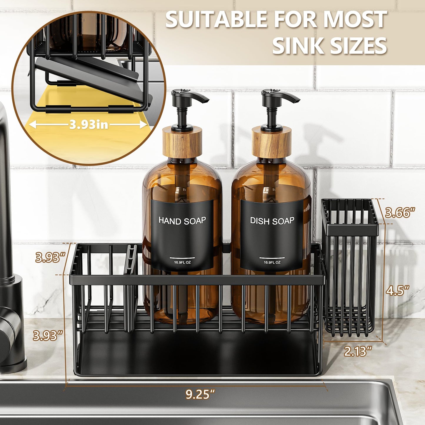 Cisily Kitchen Dish Soap Dispenser Set with 2 Pack 16.9oz Amber Glass Bottle and Sponge Holder, Dish Soap Dispensers with Adjustable Sponge Holder, Vintage Hand and Dish Soap Dispensers Set