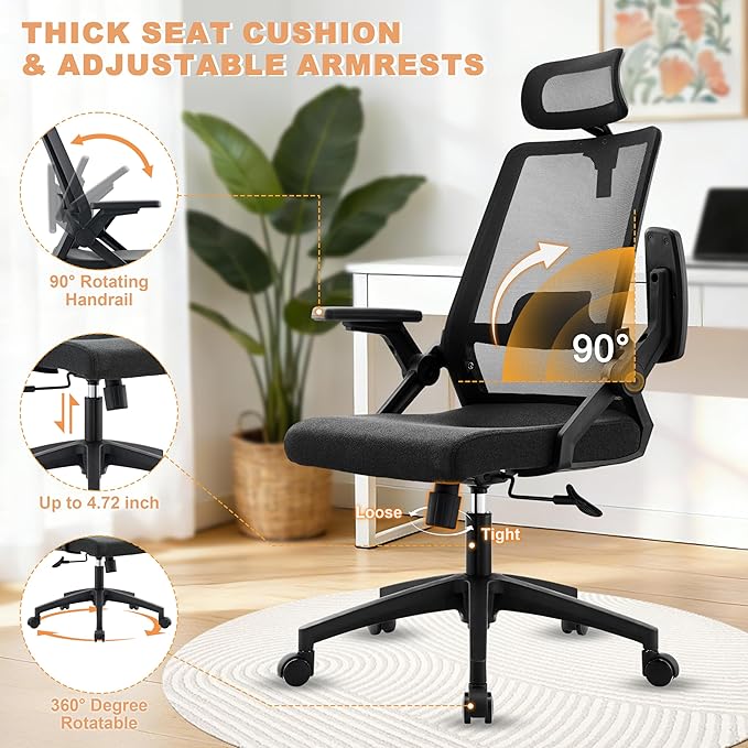 Msdizuo Office Chair Ergonomic Desk Chair, 350LBS Capacity, High Back Computer Chair for Long Hours Comfortable, Rolling Swivel Executive Task Chair for Home Office with Flip-up Armrests,（mesh,Black）
