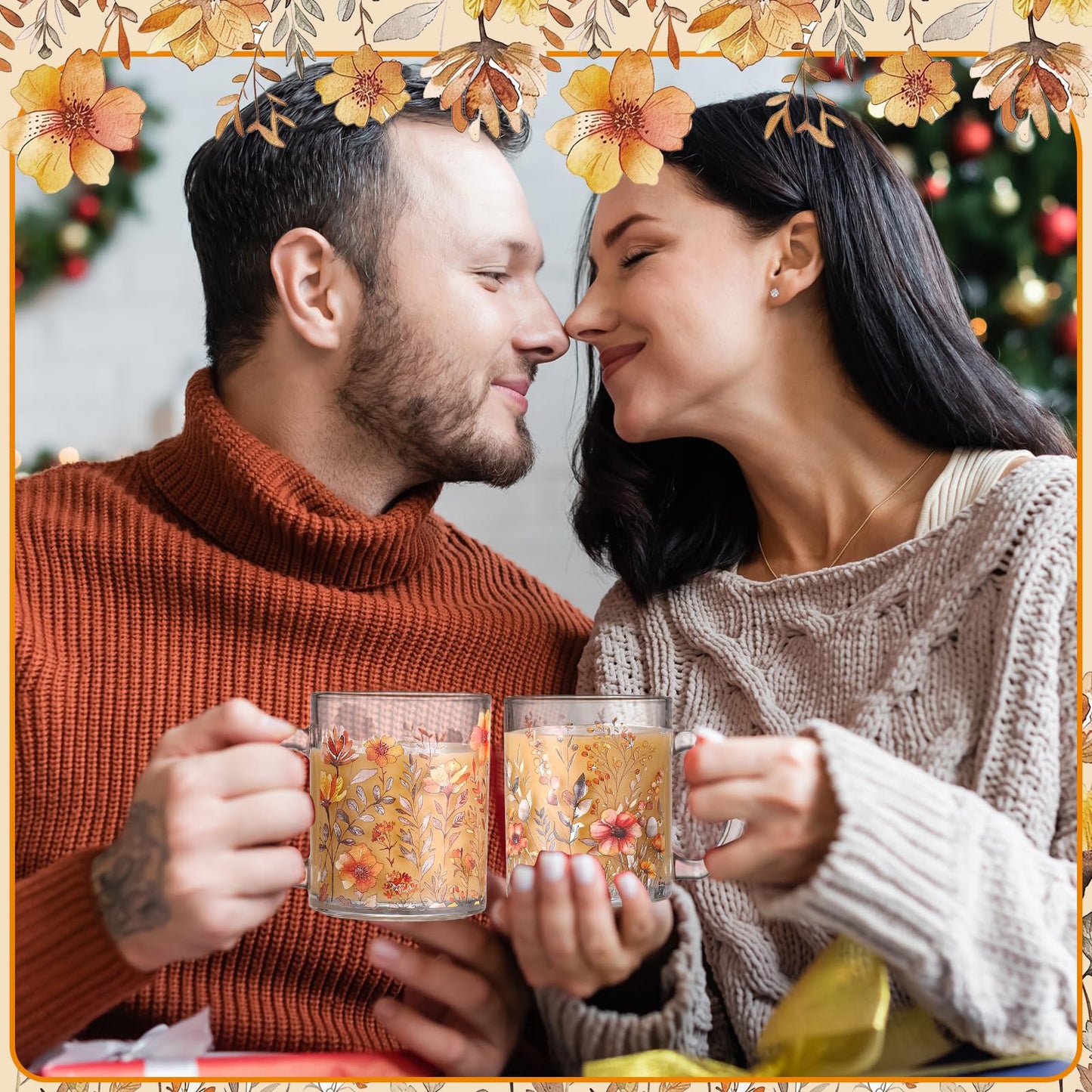 Tioncy 4 Pcs Fall Floral Coffee Mugs 12 oz Flower Glass Cups with Handle Thanksgiving Floral Coffee Cup Autumn Mug Sweet Fall Gifts Drinking Containers for Harvest Holiday Party (Wildflower)