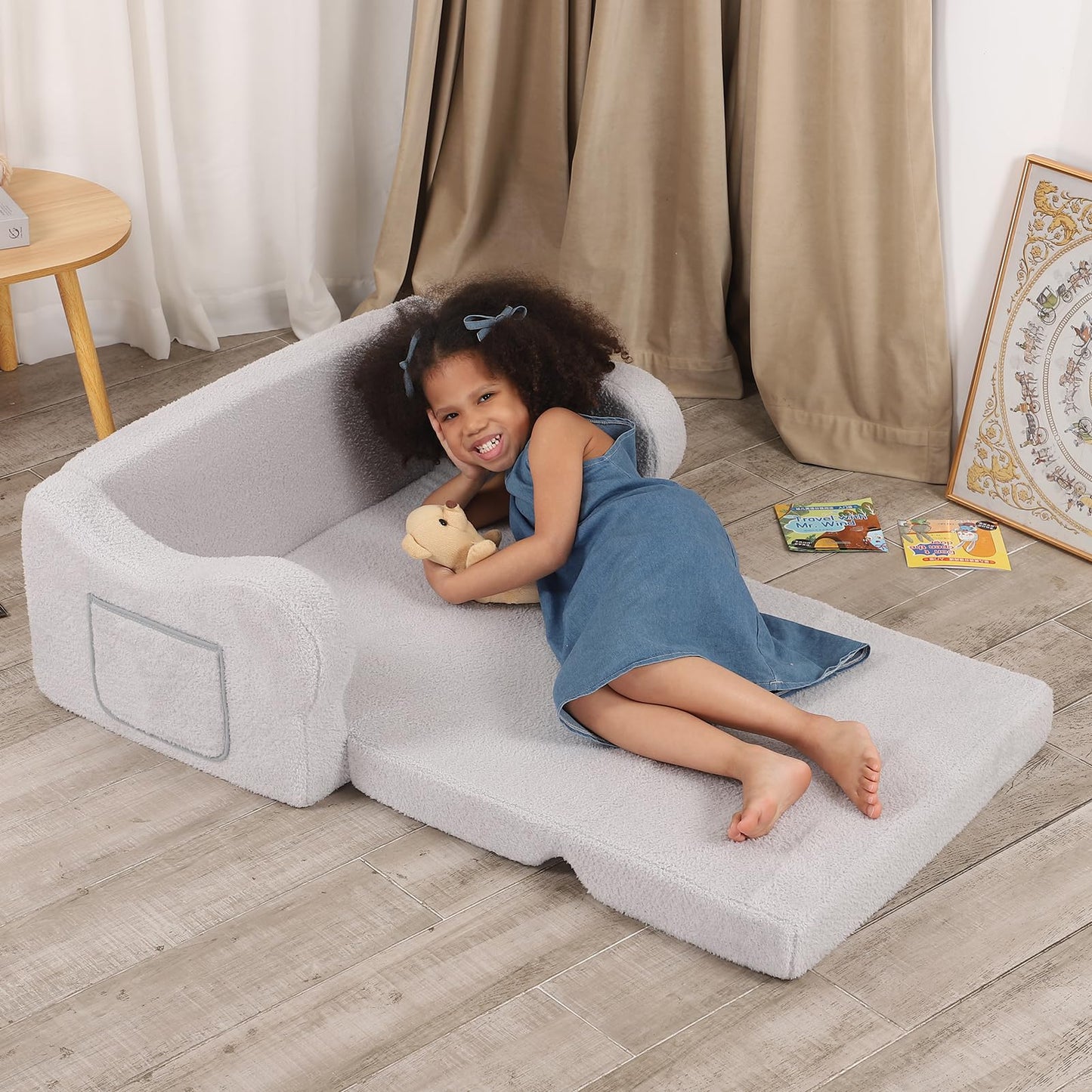BestRoyal Extra Wide Toddler Chair, 2-in-1 Toddler Couch Fold Out, Convertible Sherpa Sofa to Lounger for Boys & Girls, Grey