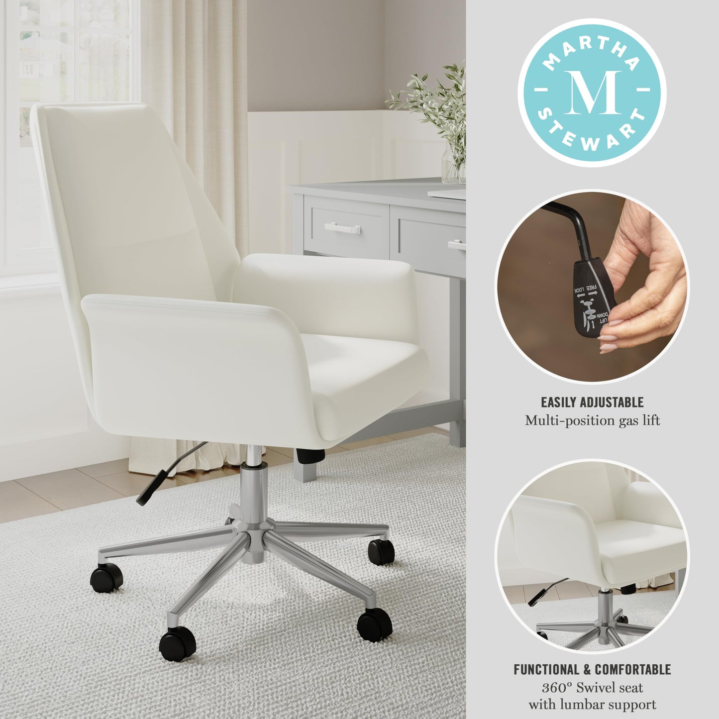 Martha Stewart Maxine Swivel Task Chair with Flared Armrests for Home Office in White Faux Leather with Polished Nickel Frame