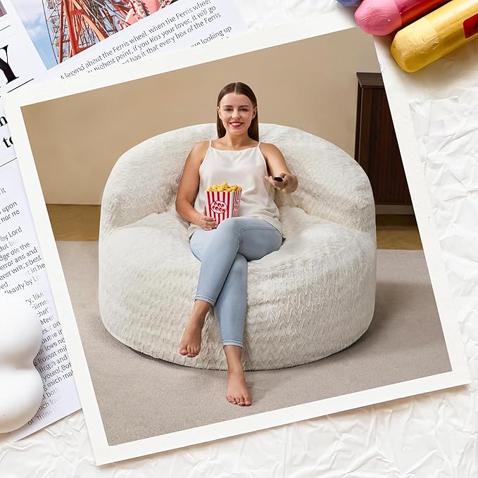 Hobestluk Bean Bag Chair Giant Bean Bag Chairs for Adults Big Bean Bag Chair with Memory Foam Filler Adults Large Beanbag with Faux Fur Cover for Bedroom (Chevron White,Large)