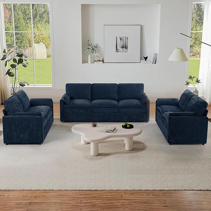ACMEASE 3 Pieces Chenille Sofa Set w/Arm Pillows, Upholstered 2 Pieces Loveseat & 3 Seater Sofa w/Comfortable Back Cushions, Modern 2-Seat & 3-Seat w/High-Density Foam for Living Room, Blue