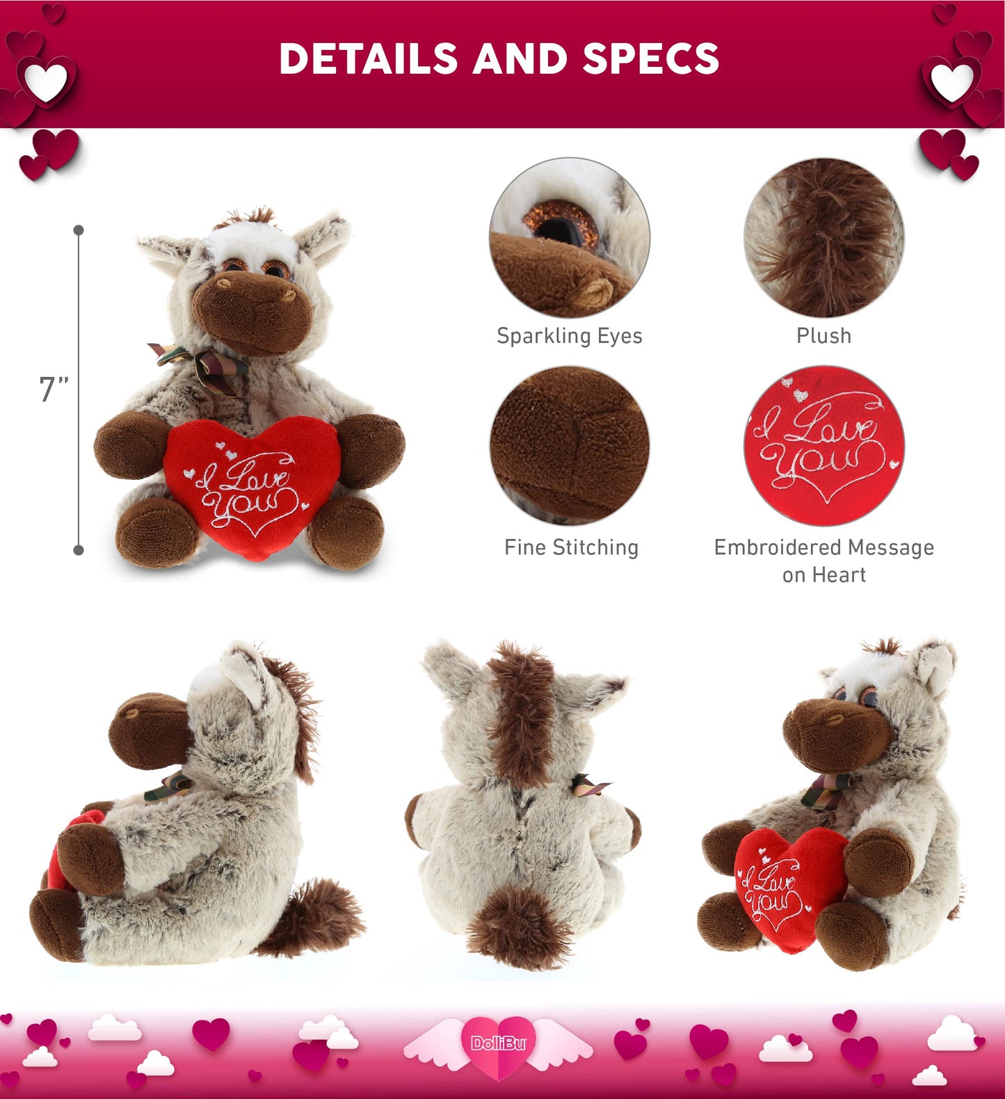 DolliBu I Love You Valentine Plush Floppy Donkey - Cute Stuffed Animal with Red Heart and Name Personalization Gift for Valentines Day, Birthday, Anniversary, Romantic Date - 6.5 Inches