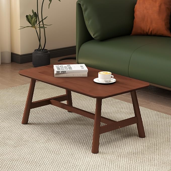 Ya-Home Farmhouse Wood Coffee Table 35.5” Side Table Mid Century Wooden Table for Living Room Reception Room, Walnut Finish