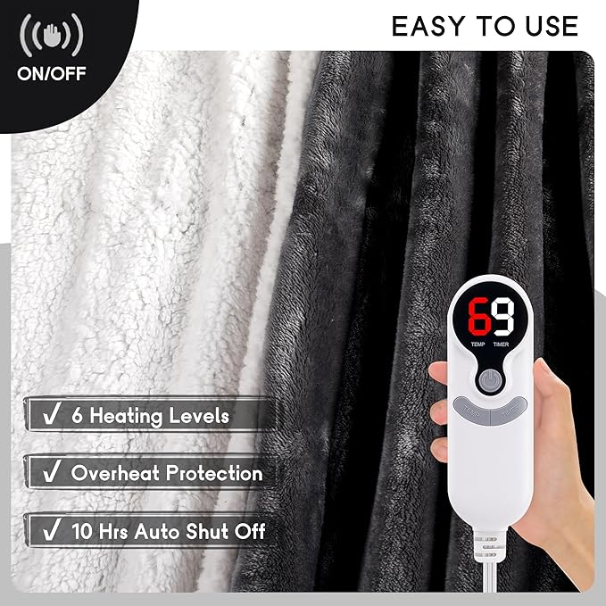 Heated Blanket Electric Blanket Full Size 72''x84'' with 9 Heating Levels, 1-10 Hour Auto Shut Off, Machine Washable, Flannel & Sherpa Soft Warming Blanket for Couch, Bed, Office - Dark Grey