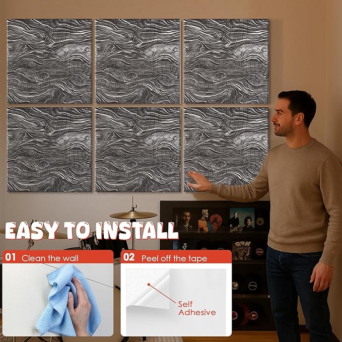 EVENRISING Acoustic Wall Panels 6 Pack, 24"x24"Decorative Art Soundproof Panels, Sound Absorbing Self-Adhesive Panel, Acoustic Treatment for Studio, Home Theater, Office (Ocean AuraStone)