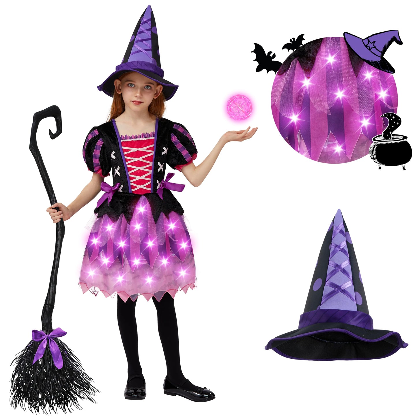Spooktacular Creations Halloween Child Girls Light Up Pink Witch Costume, Toddlers Tattered Witch Tutu Dress with Broom and Hat for Kids Halloween Themed Parties (Small (5-7yr))