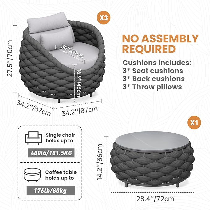 Erotr 4 Pieces Balcony Seating Set: Aluminum Woven Rope Patio Chair Furniture Set - All Weather Metal Outdoor Conversation Set - Assembled Armchair with Table for Bistro Deck Porch Apartment Hotel